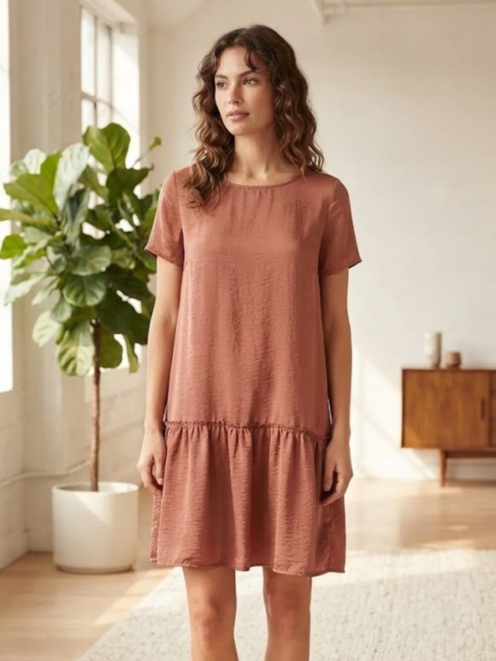 Aerie Women's Medium Drop Waist Flowy Dress Short Sleeve Lightweight Summer